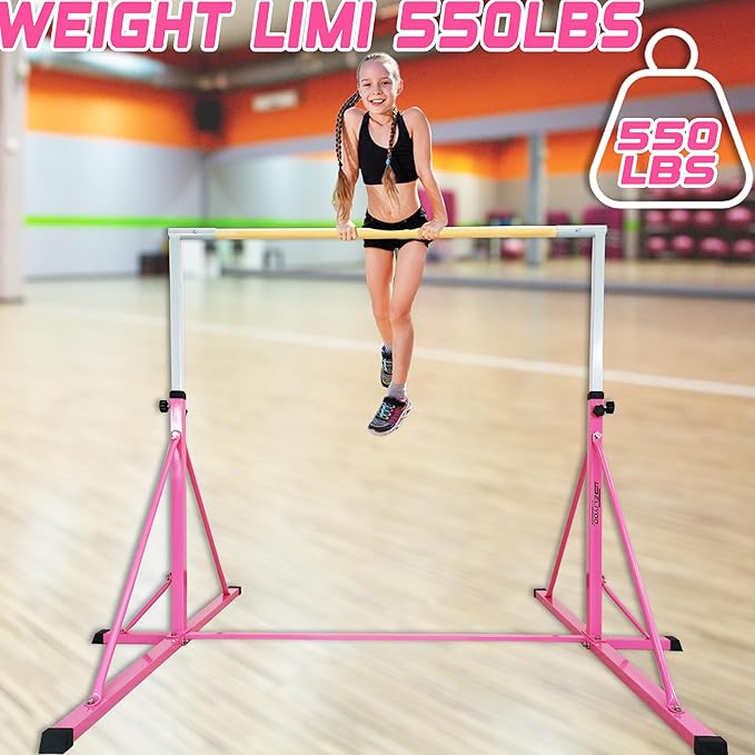 Gymnastics Bar for Kids Adults Ages 5-25,6FT Width ,7.2 FT Base Length ,Gymnastic Horizontal bar,Kip bar For Real Gymnastics,Height Adjustable 49.2" to 68.9",Competition Gymnastics Equipment For Home Gym 500LB Capacity