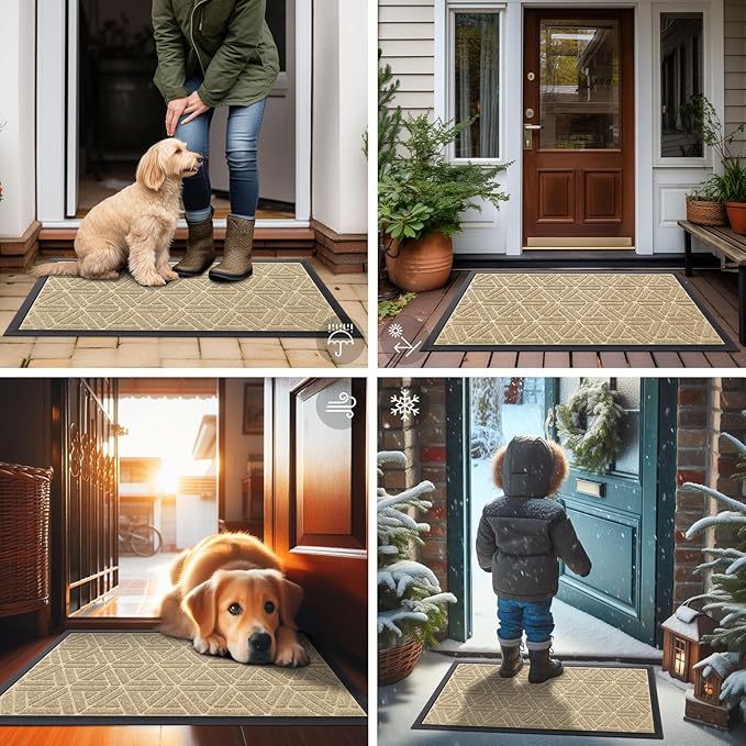 Smiry Front Door Mat Outside Entrance, Heavy Duty Sturdy Natural Rubber Doormat, Trap Dirt and Moisture, Easy Clean Low Profile Mats for Indoor Outdoor Entry, Grid Geometric (47x24, Beige)