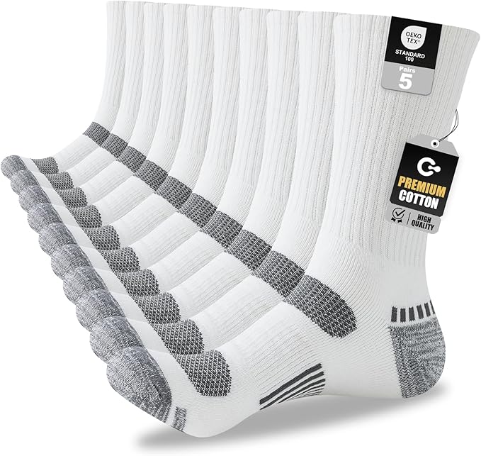 Mens Cotton Boot Crew Socks, 5 Pairs Full Cushion Socks Moisture-Wicking & Reinforced for Work Hiking Walking Outdoor