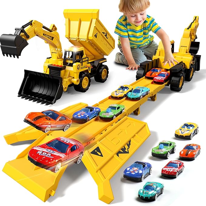 Construction Toy Truck with Race Track Launcher, 2-in-1 Storage Dump Truck and Excavator Playset with 10 Mini Cars, Racing Track Toys for Kids Ages 3-8, Birthday Gift for Boys Girls