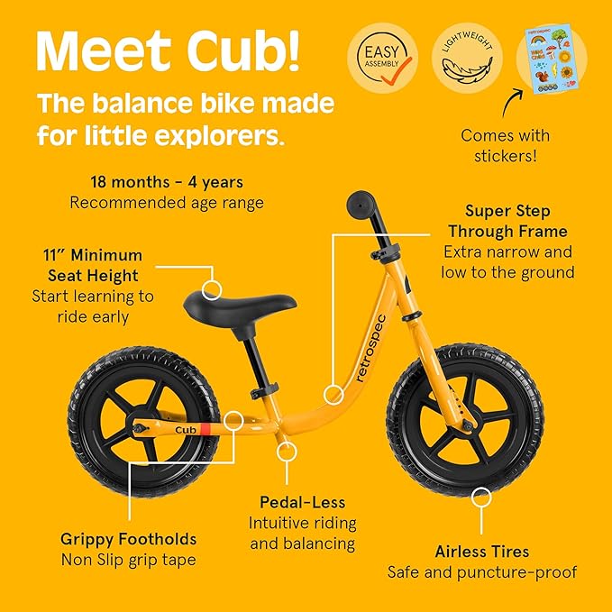 Retrospec Cub Toddler Balance Bike for Ages 18 Months - 3 Years - 12in No-Pedal Beginner Bicycle with Adjustable Seat, Puncture-Proof Tires & Safe Low Frame Design