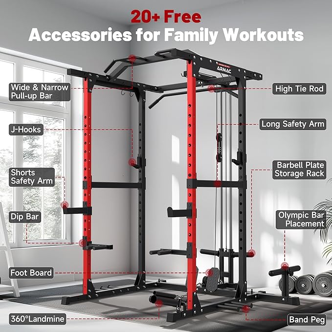 ARMAC Power Cage,1500lbs Multi-Function Power Rack with Adjustable Cable Crossover System and More Training Attachment, Weight Cage for Home Gym