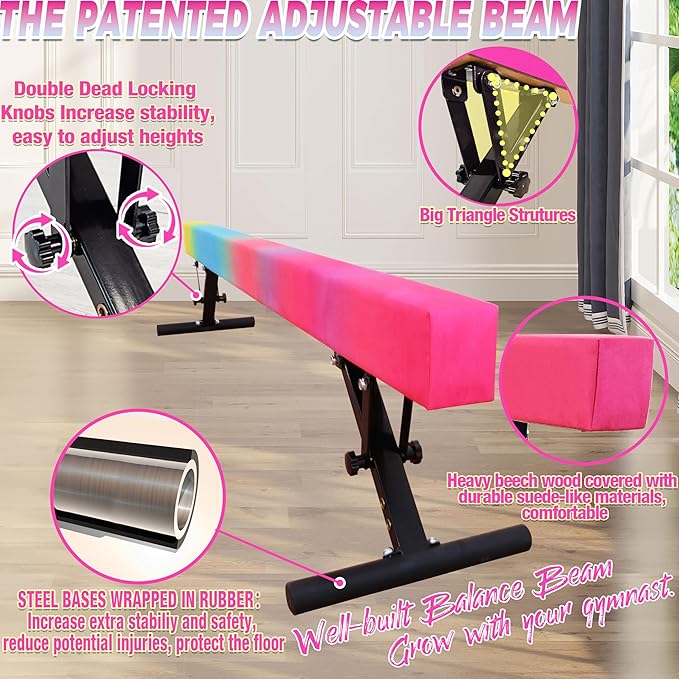 PreGymnastic 8FT Balance Beam, Raised Gymnastics Beam for Kids Ages 3-12, Home Gym Equipment for Training, Adjustable Balancing Beam Indoor, Off-Ground Competition Style