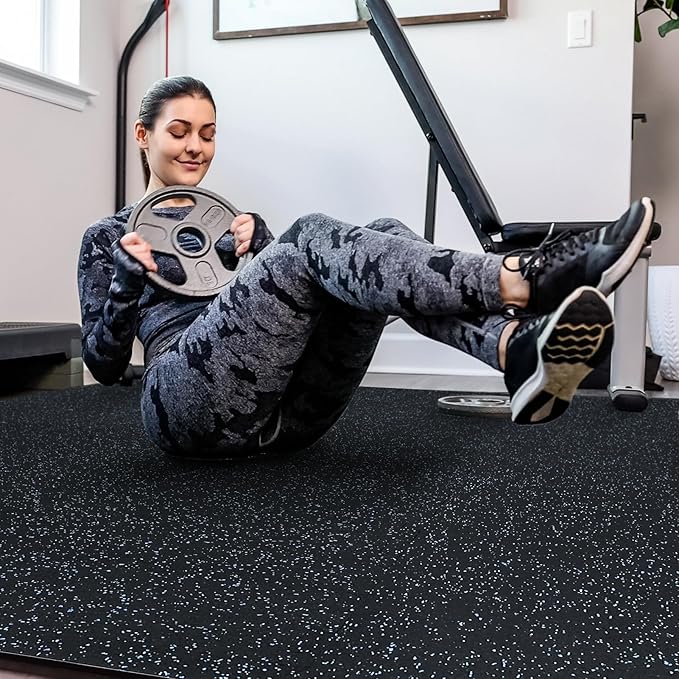 SUPERJARE 0.56'' Thick 24 Pcs 96 Sq Ft Rubber Top Exercise Equipment Mats, High Density EVA Foam Mats with Rubber Top, Interlocking Gym Flooring for Home Gym, Protective Workout Mat, Black/Blue