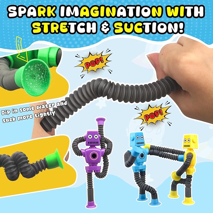 Dilabnba 12 PCS Suction Cup Fidget Pop Tube Robot Sensory Toys - Transformable Telescopic Tube, Travel Toys for Kids Toddlers (Ages 3-10) Stocking Stuffer Gift