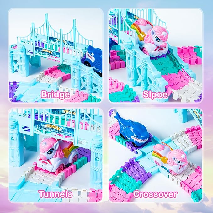 Unicorn Race Track Car Set for Kids, Flexible DIY Tracks with Unicorn and Shark Cars, STEM Building Toy for Girls and Boys Ages 3 4 5 6 7, Birthday Gift Idea