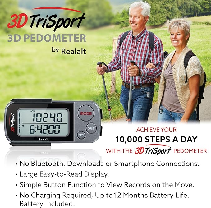 Realalt 3DTriSport Walking 3D Pedometer with Clip & Strap, eBook Included 30 Days Memory Accurate Step Counter, Walking Distance Miles/Km, Calorie Counter, Daily Exercise Time Monitor