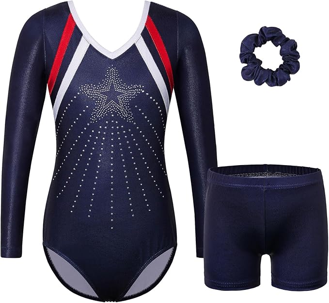 BAOHULU Gymnastics Leotards for Girls Long Sleeve Sparkly Cute Pattern Dance Outfit with Matching Shorts Set