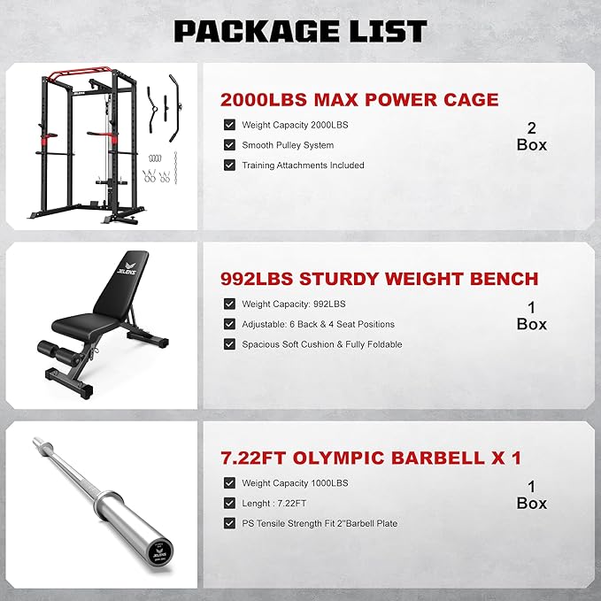 Power Cage, 2000LBS Multi-Function S11 Power Rack with LAT Pulldown, Squat Rack with Adjustable Pulley System and More Training Attachments, Weight Workout Machine for Home Gym