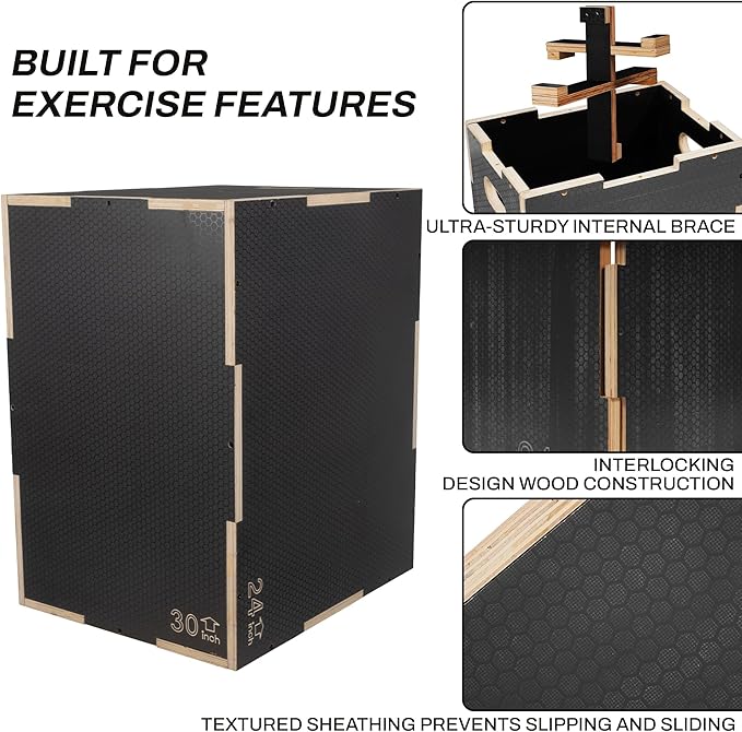 Fitvids 3 in 1 Non-Slip Wooden Plyo Box Plyometric Box Jumping Exercise, 20x24x30 Inches, Gray