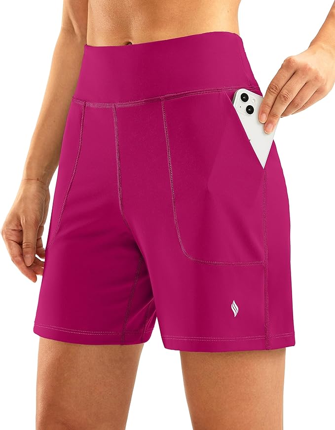 SANTINY Women's 6'' Athletic Long Shorts with 4 Pockets High Waisted Bermuda Shorts for Women Walking Running Casual