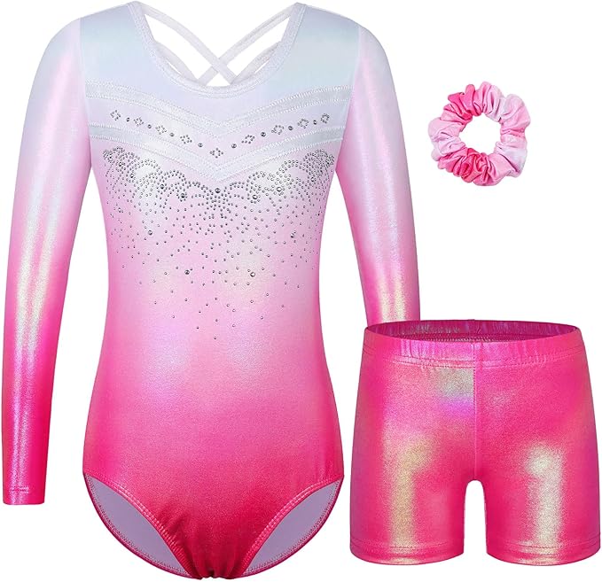 BAOHULU Gymnastics Leotards for Girls Long Sleeve Sparkly Cute Pattern Dance Outfit with Matching Shorts Set