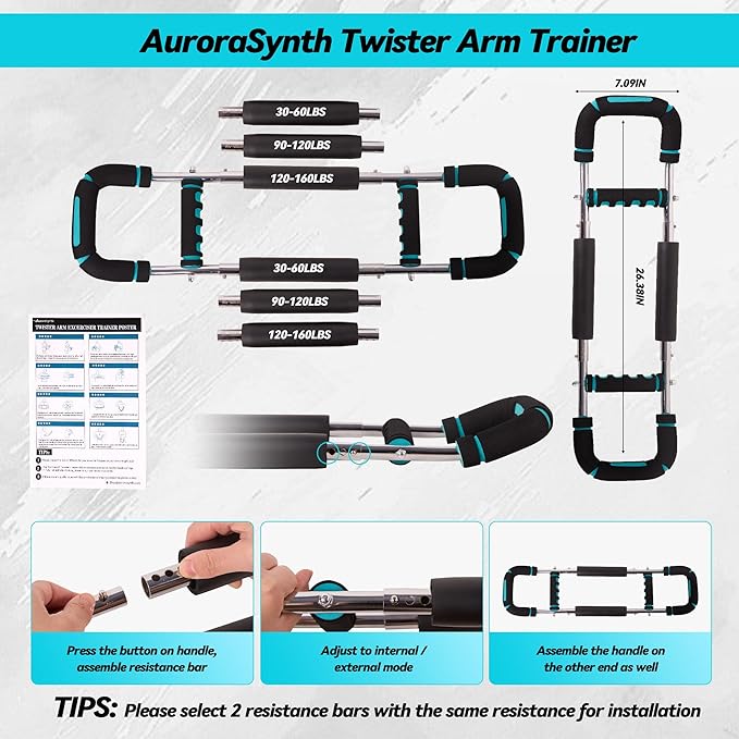 Twister Arm Trainer, Adjustable Chest Workout Equipment with 6 Resistance Levels Springs (30-160 Lbs), Arm Trainer for Men & Women, Detachable Home Gym Fitness Trainer with Anti-Slip Handles