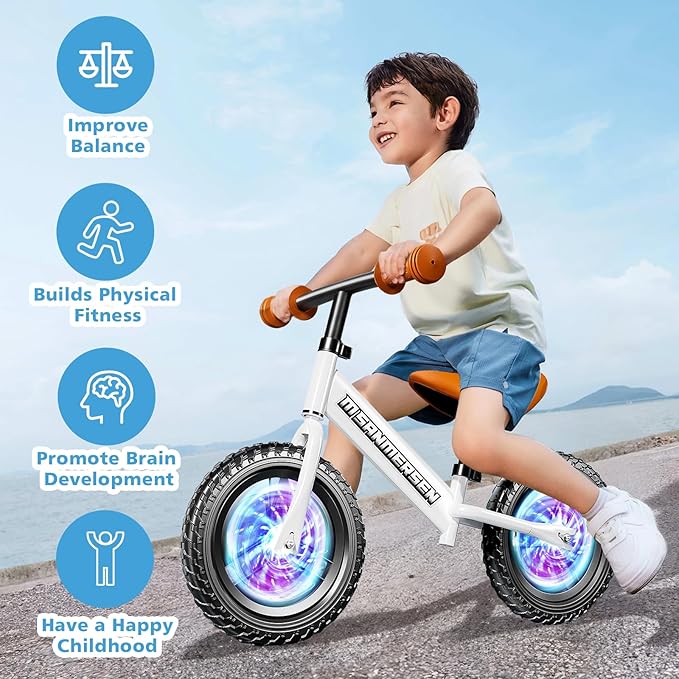 Colorful Lighting 12 Inch No Pedal Balance Bicycle Bike， for Kids,Age 24 Months to 5 Years Old， Lightweight Steady Balancing Bike with Adjustable Handlebar&Seat,Birthday Gift for 2 3 4 5 Year Old.