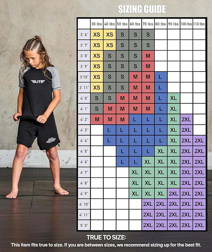 Elite Sports Kids Jiu Jitsu BJJ Rash Guard, Short Half Sleeve Compression Shirt for Youth Boys Girls Sports Nogi Training