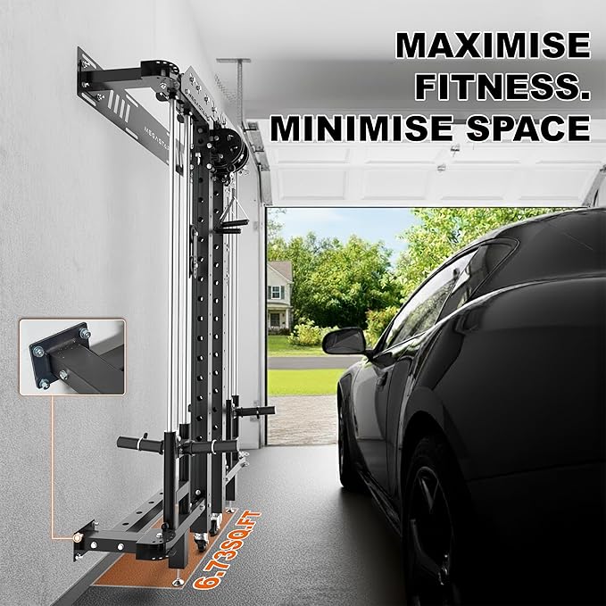 Folding Power Rack, Wall Mounted Squat Rack with Cable Pulley System, Multi-Grip Pull-Up Bar, Landmine for Home Gym, Compact Power for Small Spaces, FR67