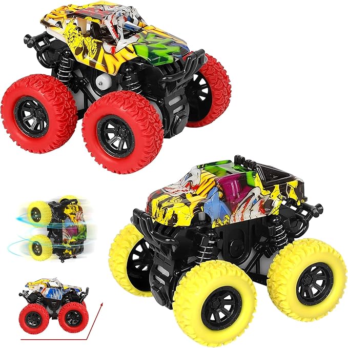 Monster Truck Toys for Ages 2-4, Friction Cars for Toddlers 1-3 Push and Go 360° Rotating Stunt Car for 2+ Year Old Boys Girls Gifts (2 Pack - Red and Yellow)
