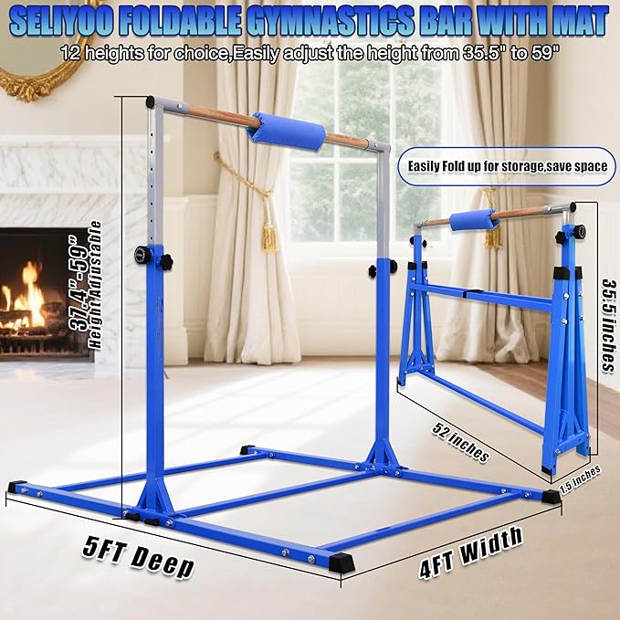 Foldable Gymnastic Bar for Kids Ages 3-20,5FT/6FT Horizontal Bar Base Length,Height Adjustable Kids Training Bar for Gymnastics,Gymnastics Equipment for Home Clubs