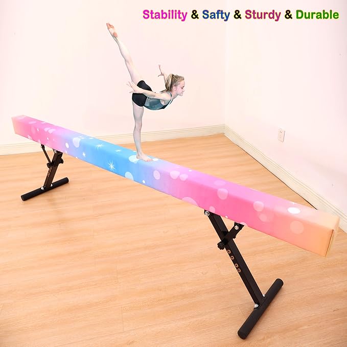 8 Ft Gymnastic Balance Beam with Adjustable Height From7 inch to 22 inch for Kids Children Home Practice, Adjustable Balance Beam with Leg, High and Low Floor Gymnatic Training Beam