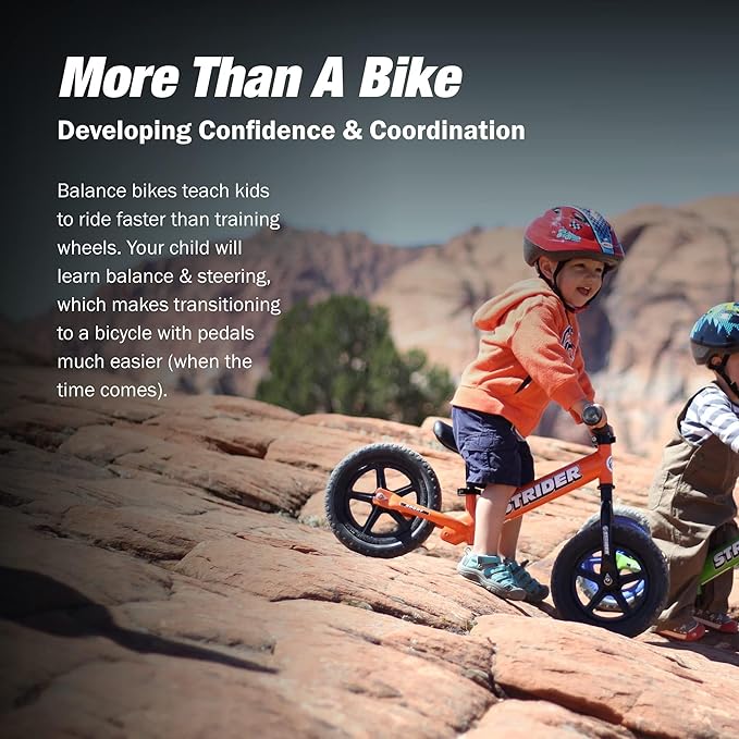 Strider 12” Sport Bike - No Pedal Balance Bicycle for Kids 1 to 4 Years - Includes Safety Pad, Padded Seat, Mini Grips & Flat-Free Tires - Tool-Free Assembly & Adjustments