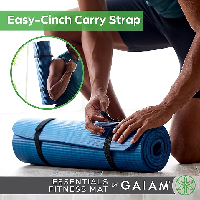Gaiam Essentials 2/5" Thick (10mm) Yoga & Pilates, Fitness & Exercise Mat with Easy-Cinch Carrier Strap Cushion Support For Fitness and Gym Workouts