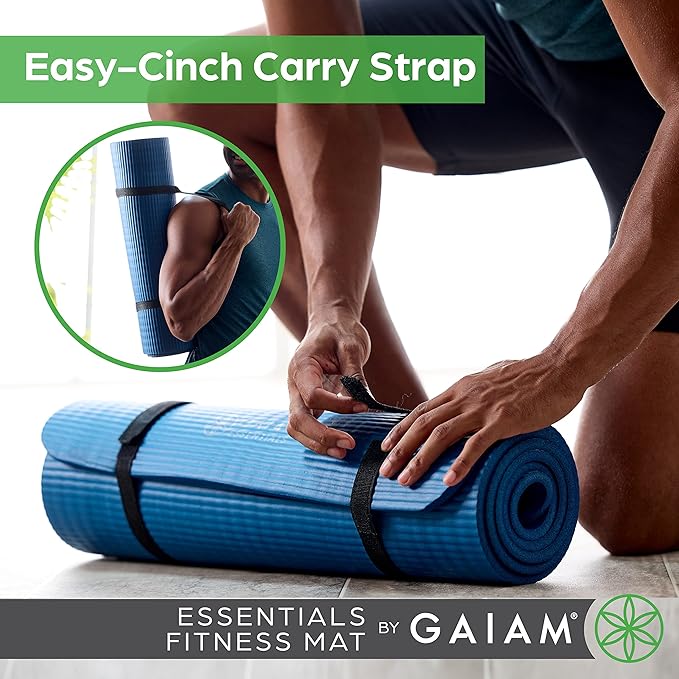 Gaiam Essentials 2/5" Thick (10mm) Yoga & Pilates, Fitness & Exercise Mat with Easy-Cinch Carrier Strap Cushion Support For Fitness and Gym Workouts