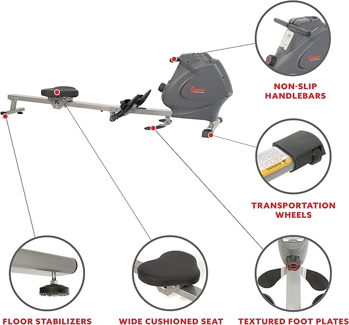 Sunny Health & Fitness Multi-Function Premium Magnetic Rowing Machine, Bicep Curls, Upward Rows, Seated Rows, Foldable Slide Rails, Digital Monitor, Optional Free SunnyFit App Connection