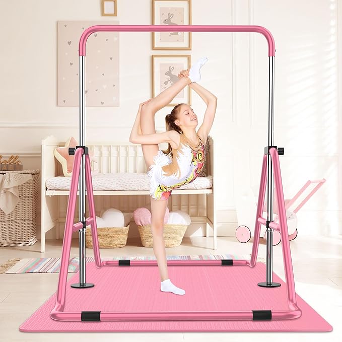 HYD-Parts Gymnastics Bar with Mat, Foldable Gymnastics Horizontal Bar Height Adjustable, Gymnastics Equipment for Kids 3-12 Ages, Children's Gifts