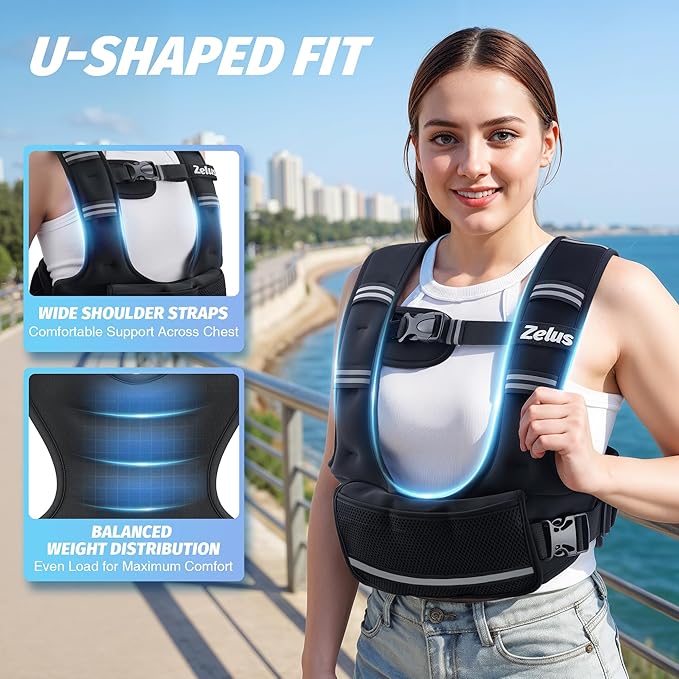 ZELUS Weighted Vest for Women Men, 4-10lb/11-20lb/20-32lb Curve-Fit Ergonomic Design Adjustable Workout Vest with 6 Iron Sand Bags, SGS-Certified Rucking Vest for Strength Training & Cardio Workouts