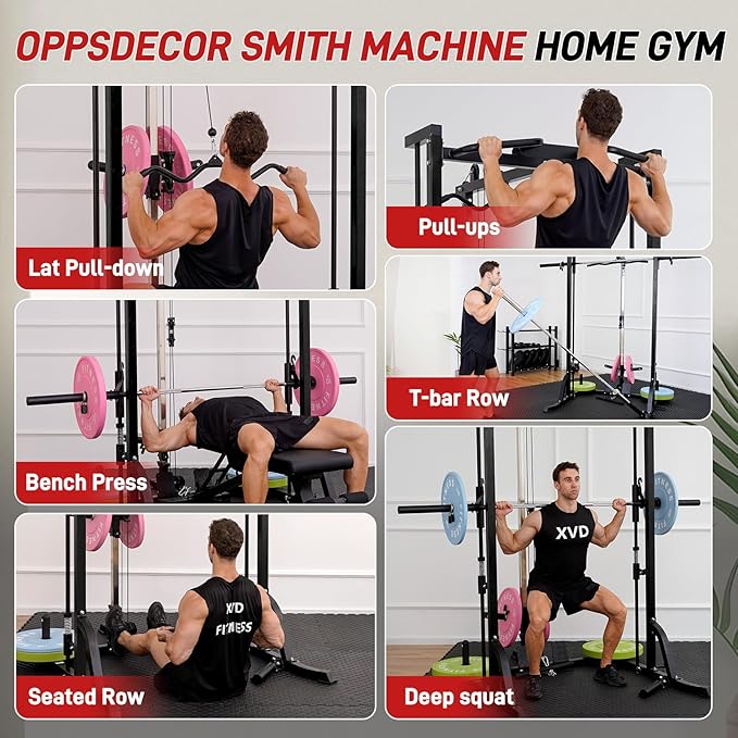 Smith Machine Power Cage Squat Rack with LAT-Pull Down System, 1000LBS Capacity, Landmine, Barbell Bar, Plate Storage Pegs and More Training Attachment for Garage Workout & Home Gym