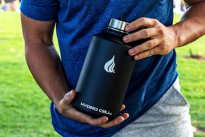 HYDRO CELL Stainless Steel Insulated Water Bottle with Straw - For Cold & Hot Drinks - Metal Vacuum Flask with Screw Cap and Modern Leakproof Sport Thermos for Adults (Black 64oz)