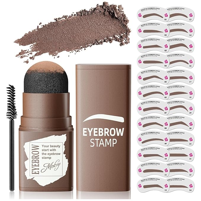 Eyebrow Stamp Stencil Kit - Eye Brow Stencil Kit for Beginners, Brow Stencil and Stamp Kit Long-lasting, Smudge-Proof & Waterproof, 24 Reusable Eyebrow Shapes Stencils for Perfect Brow (Dark Brown)