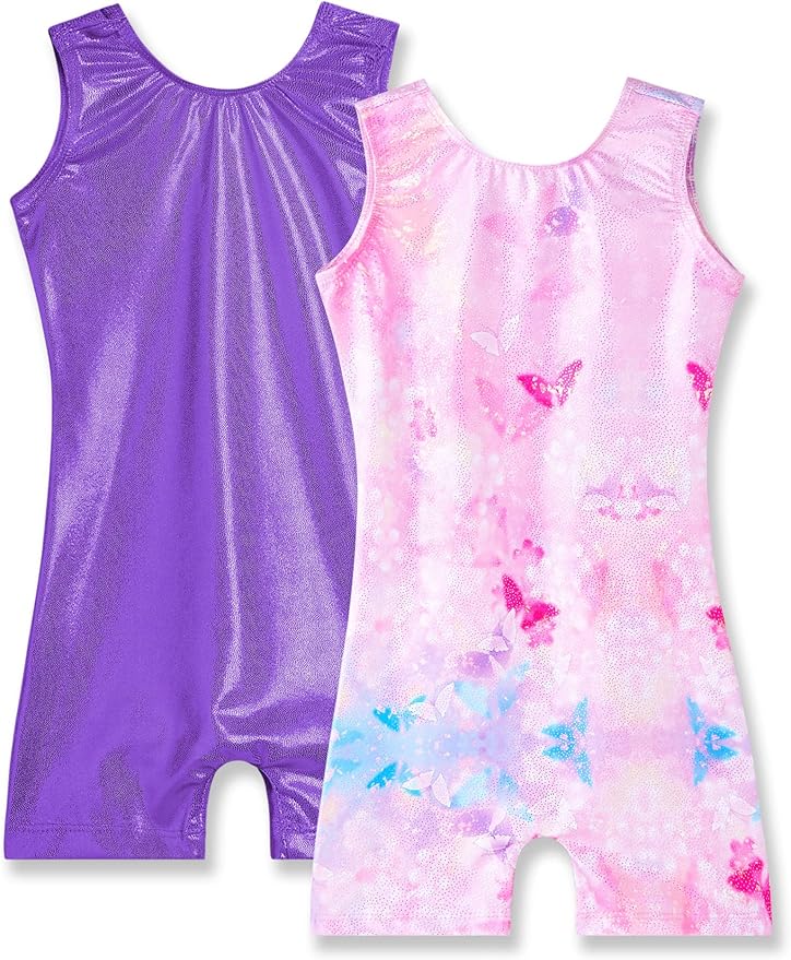 Nymphperi 2 Packs Gymnastics Leotard for Girls Sparkle Biketards with Shorts Kids Sleeveless Unitard One-Piece Dancewear