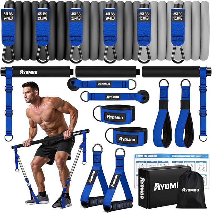Pilates Equipment, Heavy Duty Pilates Bar Kit with Resistance Bands, Portable Gym Adjustable Exercise Bands, Home Squat Training, Arm, Abs, Waist, Chest Strength Workout Equipment for Men