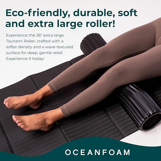 Oceanfoam Tsunami Roller (Black Marbled) - Extra-Large, 26" x 5.9" - Soft, Textured Foam Roller for Physical Therapy, Back Pain, Exercise & Stretching - Wave Textured - Yoga, Athletics, & Wellness