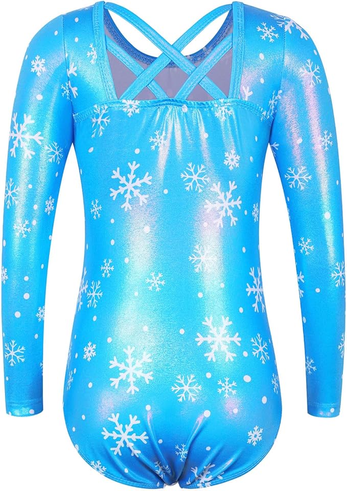 BAOHULU Gymnastics Leotards for Girls Long Sleeve Sparkly Cute Pattern Dance Outfit with Matching Shorts Set
