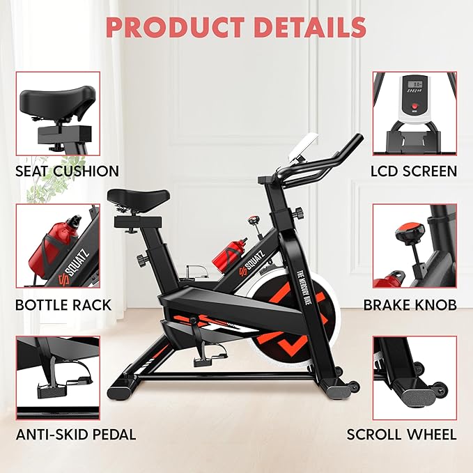 SQUATZ Indoor Exercise Bicycle With Training Console, 4-Way Adjustable Seat and Handlebar, 8 Resistance Levels, Workout Equipment for Home Gym with Comfortable Seat Cushion, Digital LCD Display