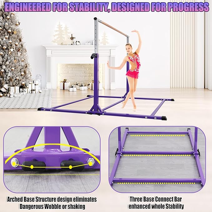 Foldable Gymnastic Bar for Kids Ages 3-20,5FT/6FT Horizontal Bar Base Length,Height Adjustable Kids Training Bar for Gymnastics,Gymnastics Equipment for Home Clubs