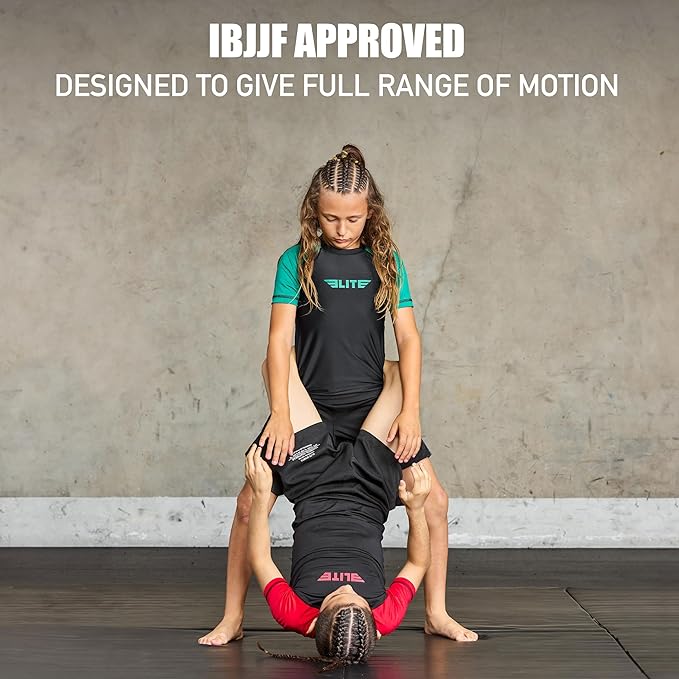 Elite Sports Kids Jiu Jitsu BJJ Rash Guard, Short Half Sleeve Compression Shirt for Youth Boys Girls Sports Nogi Training