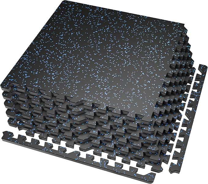 SUPERJARE 0.56'' Thick 6 Pcs 24 Sq Ft Rubber Top Exercise Equipment Mats, High Density EVA Foam Mats with Rubber Top, Interlocking Gym Flooring for Home Gym, Protective Workout Mat, Black/Blue
