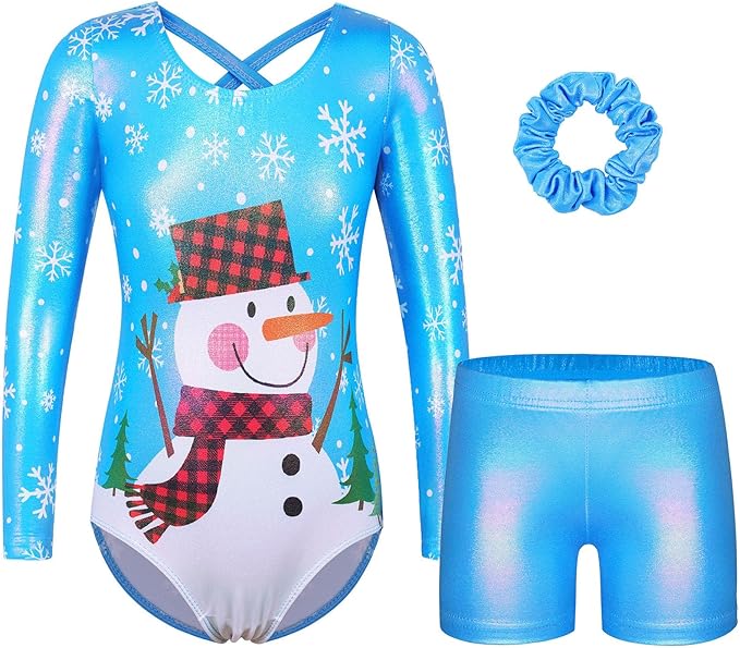 BAOHULU Gymnastics Leotards for Girls Long Sleeve Sparkly Cute Pattern Dance Outfit with Matching Shorts Set