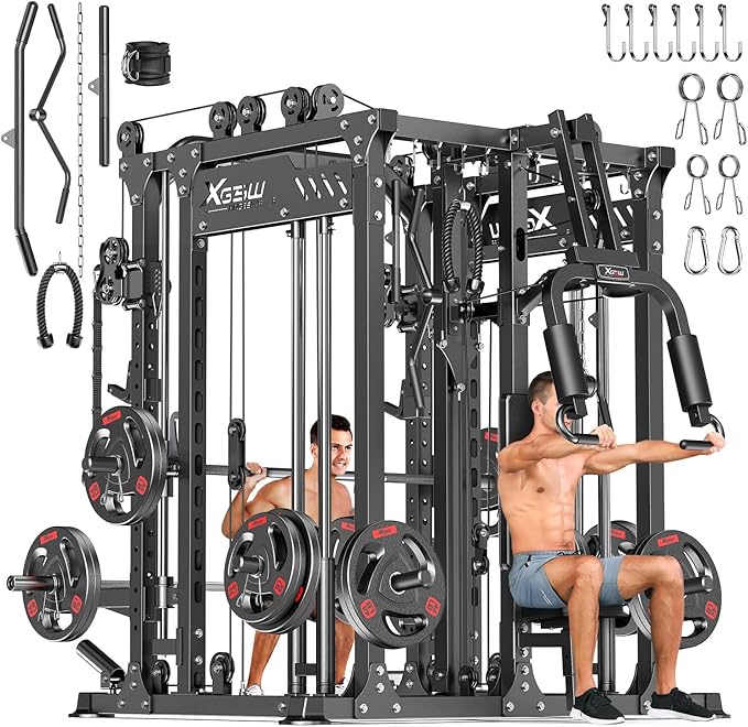 Smith Machine, Multi-Purpose Strength Power Cage with Cable Crossover System and More Training Accessories,Squat Rack Power Rack，Suitable for Home Gyms