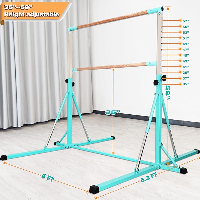Gymnastics Bar for Kids Ages 3-15, 35" to 60" Adjustable Height, 4FT Wide Base - Professional Kip Bar with 360° Stability & Fiberglass Crossbar, Easy Fold&Solid Design for Home Training