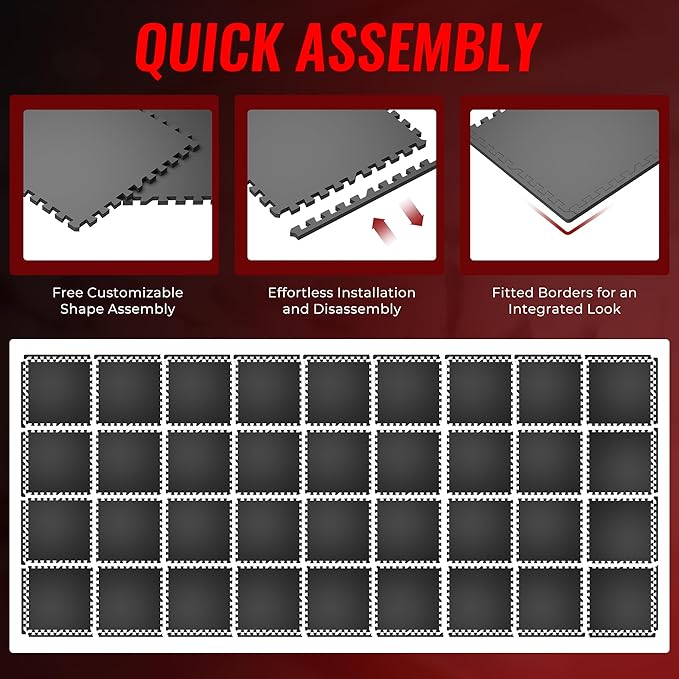 SUPERJARE 0.56'' Thick 36 Pcs 144 Sq Ft Rubber Top Exercise Equipment Mats, High Density EVA Foam Mats with Rubber Top, Interlocking Gym Flooring for Home Gym, Protective Workout Mat, Black