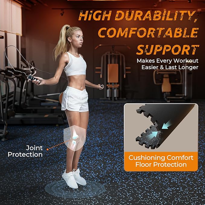 PRAISUN 0.6" Thicker Rubber Top Gym Flooring for Home Gym, 24 Pcs 96 Sq Ft Workout Mats, Exercise Mat, Interlocking Rubber Floor Mats with High Density EVA Foam for Garage, 24 x 24in, Black/Blue