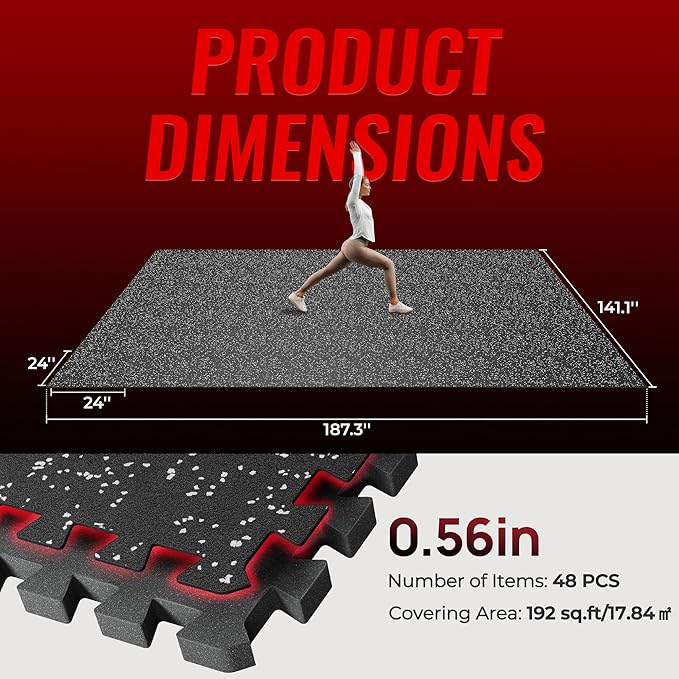 SUPERJARE 0.56'' Thick 48 Pcs 192 Sq Ft Rubber Top Exercise Equipment Mats, High Density EVA Foam Mats with Rubber Top, Interlocking Gym Flooring for Home Gym, Protective Workout Mat, Black/Grey