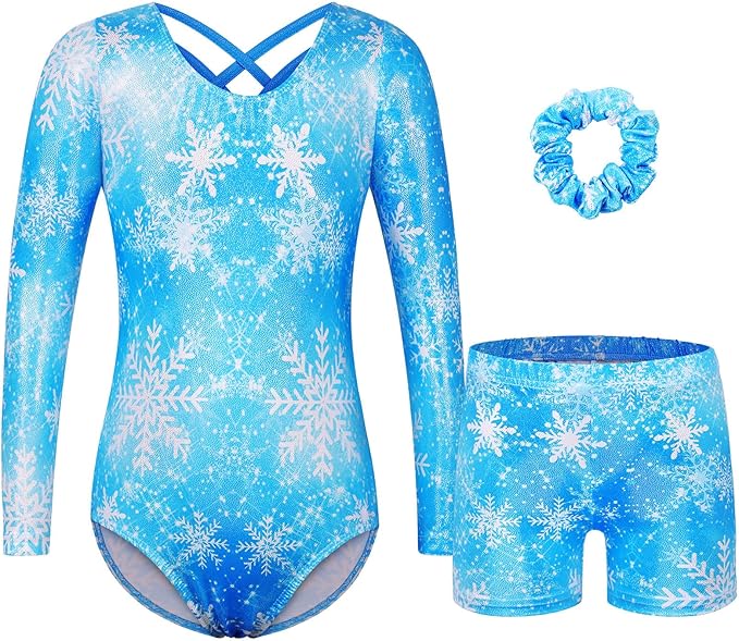 BAOHULU Gymnastics Leotards for Girls Long Sleeve Sparkly Cute Pattern Dance Outfit with Matching Shorts Set