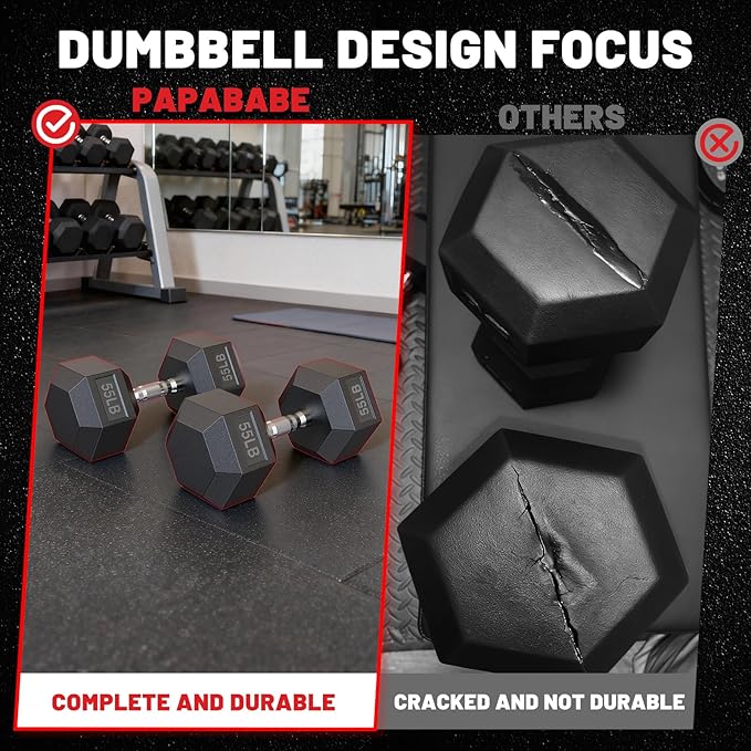 PAPABABE Hex Dumbbell Set with Rubber Grip 2.5-125lb, Odorless Rubber Coated Weight Fixed Dumbbells Set of 2, Weights for Women at Home, Hand Weights for Home Gym & Strength Training,Pesas Para Ejercicios