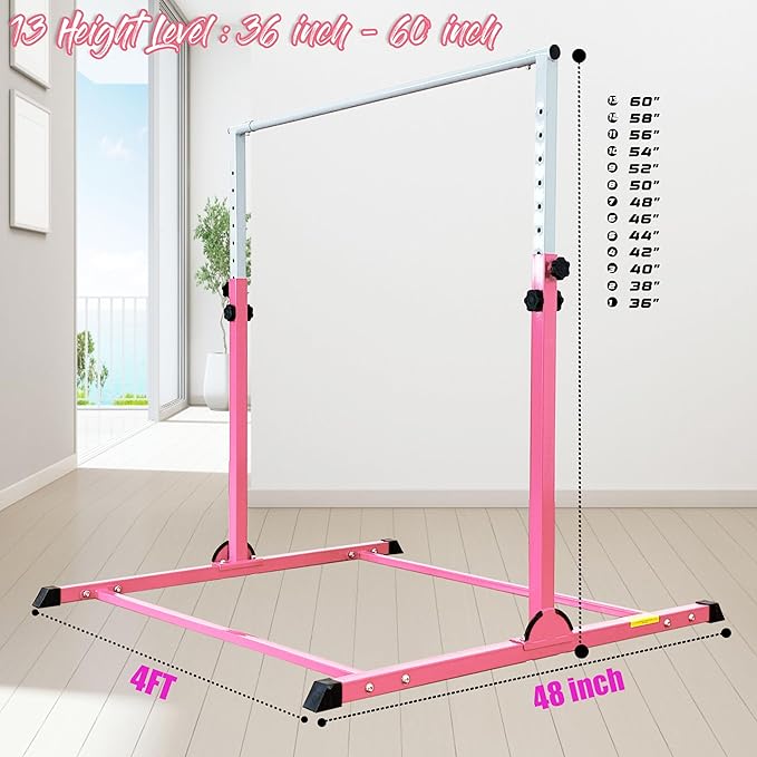 MARFULA Gymnastic Bar with 4 ft Inner Width 5 ft Adjust Height for Kids Kip Bar with 350 lbs Gymnastic Training Equipment for Kids 3-15 Years Home and Club Use