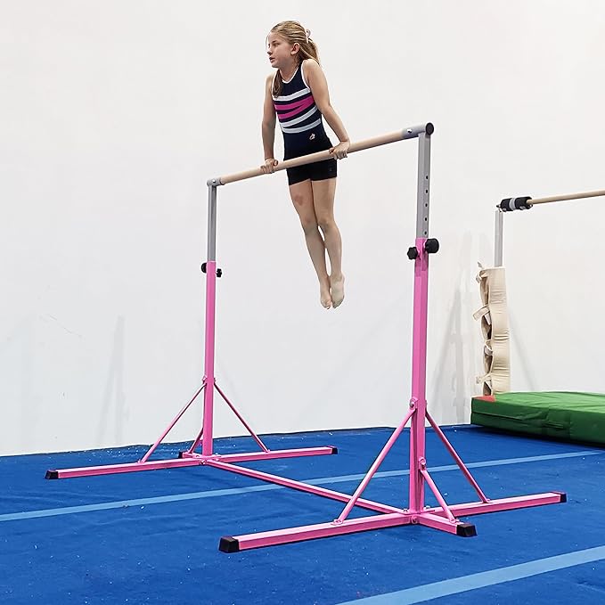 Gymnastics Bar, 5'10” Base length 45" to 71" Adjustable Horizontal Bar for Serious Training, 500 LBS Capacity, Professional Home Gym Equipment with Competition-Grade Beech-covered Fiberglass Bar